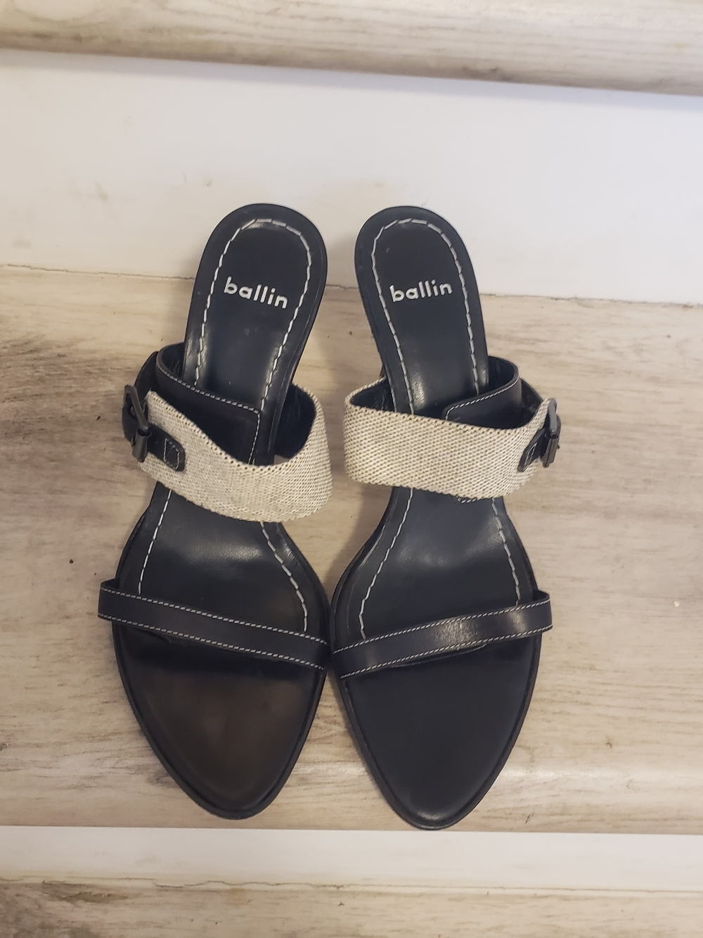 Made In Italy Ballin Black Leather and Beige Fabric Heel Slide Sandals VTG 90'